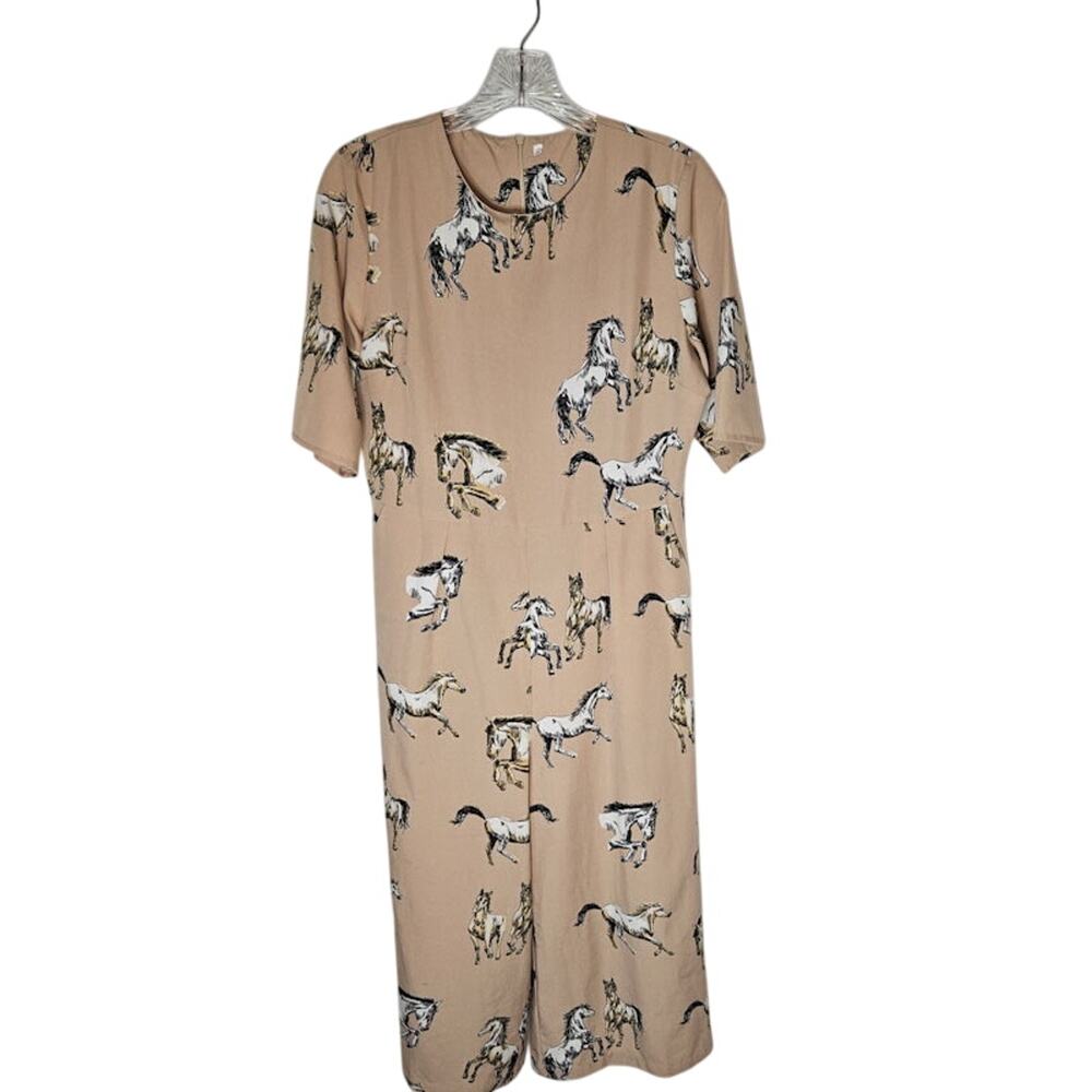 Equestrian Tan Western Wear Horse Print Jumpsuit Size Med Zip-up Missing Belt